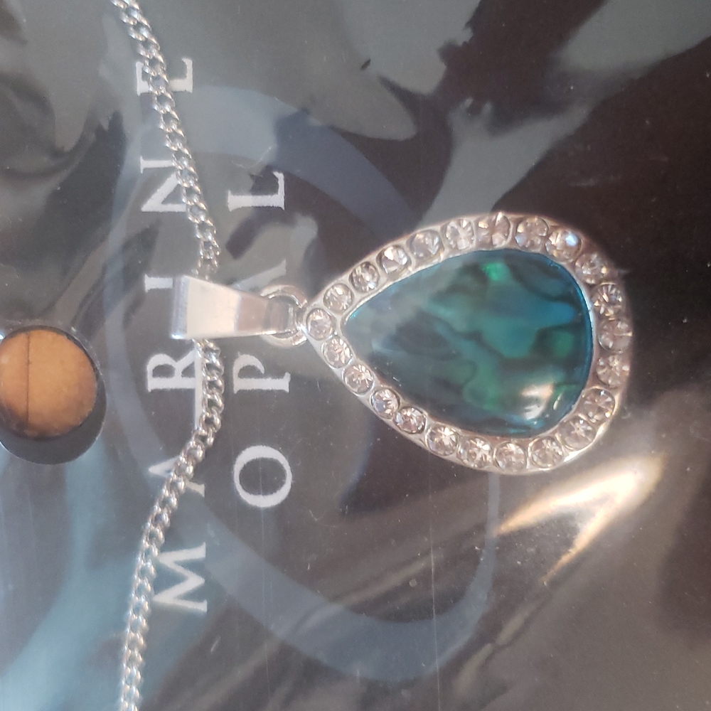Marine Opal and Crystal Pendant with Chain.  New Zealand Paua Shell